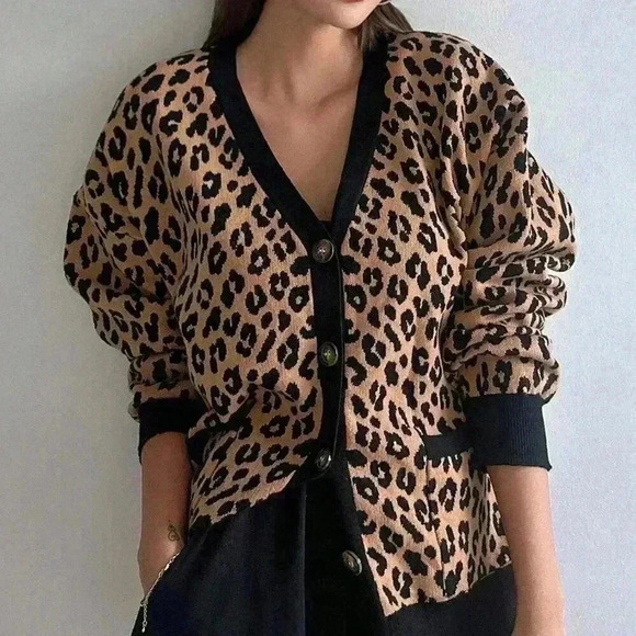 Brown Casual Women's Loose Fit Leopard Print Open Front Cardigan - Picture 5 of 6